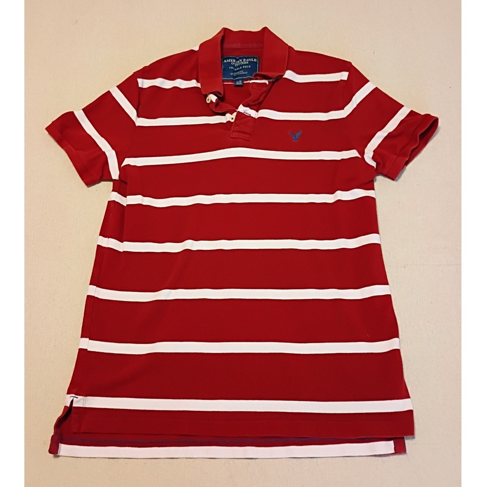 American Eagle Mens Red White Striped The Eagle Polo Shirt Short Sleeve Large